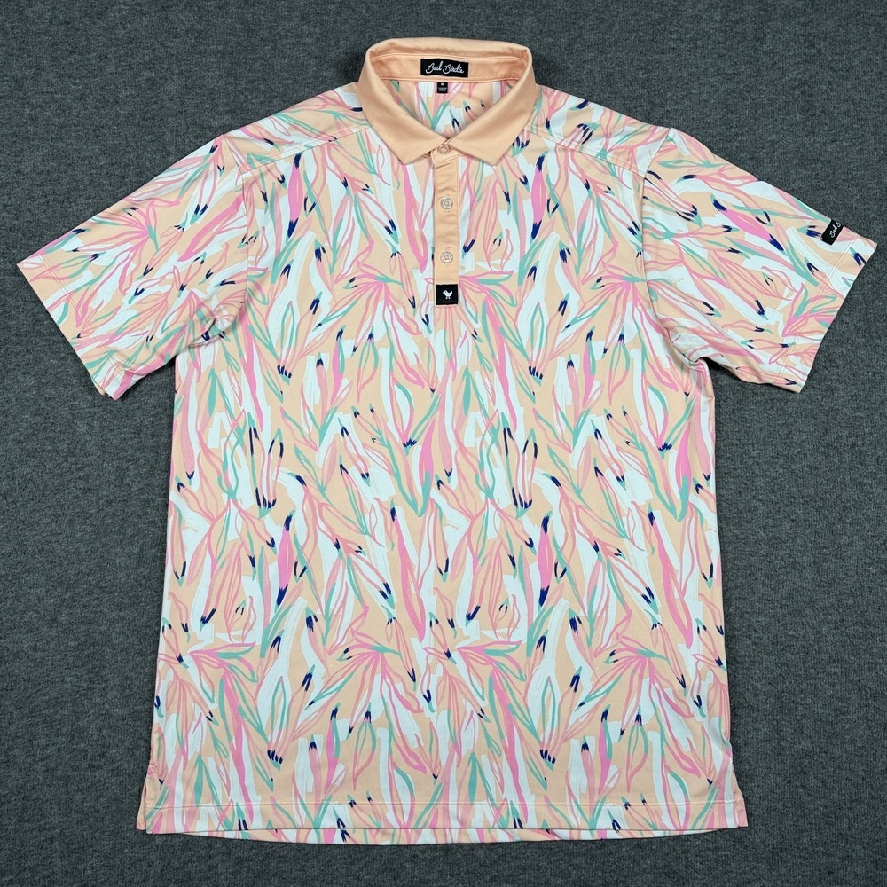 Bad Birdie Mens Medium Orange White Floral Hawaiian Golf Performance Polo Shirt